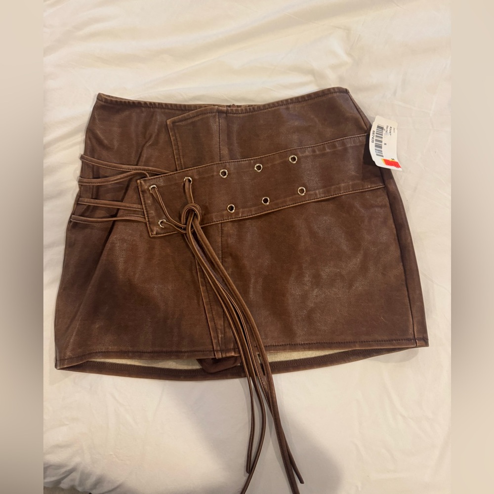 French Kyss Brown Faux Leather Skirt